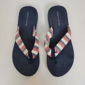 Tommy Hilfiger Women's Slipper 7 Red White Blue Stripe Thong Slip On Sandals
